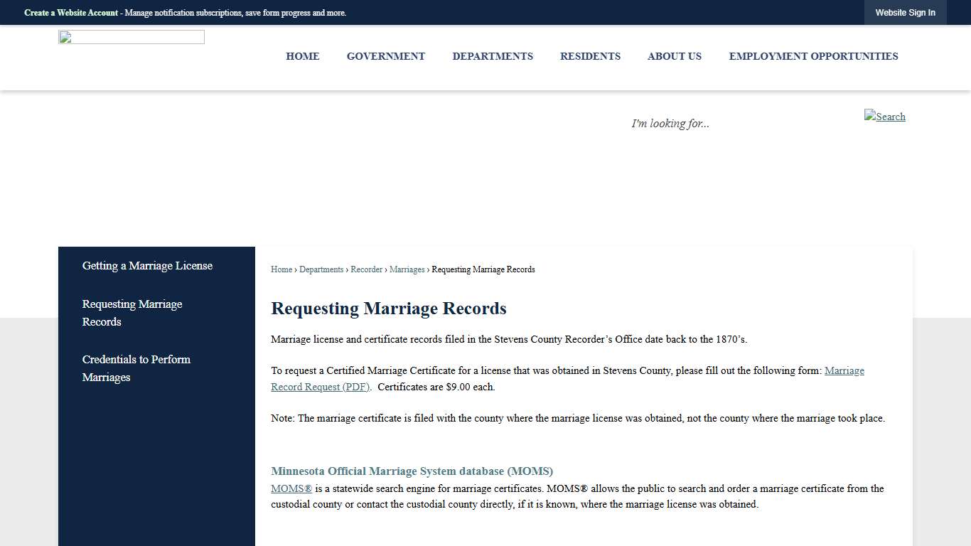 Requesting Marriage Records | Stevens County, MN - Official Website